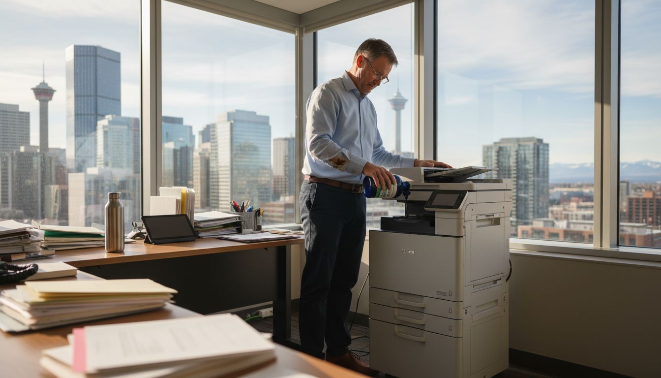 Office manager using sustainable ink printer