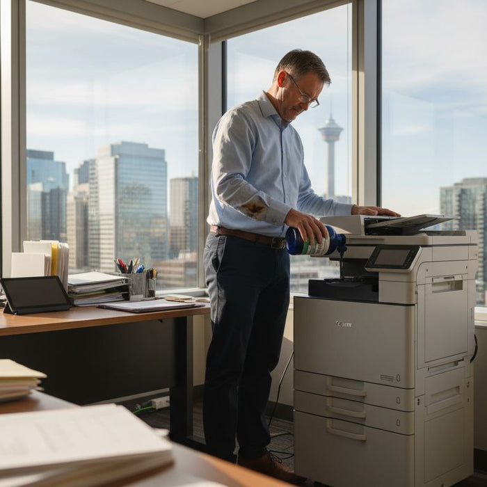 Office manager using sustainable ink printer