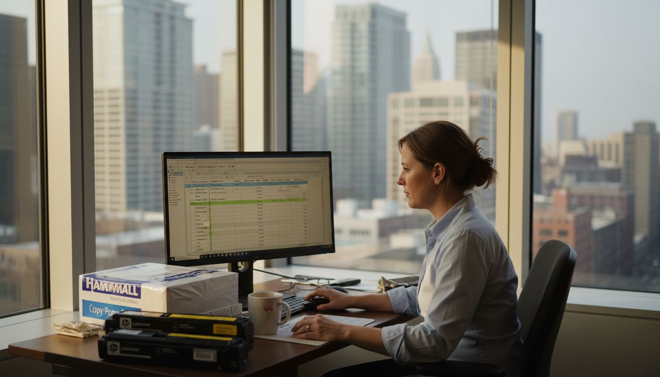 Office manager reviewing printer supplies spreadsheet