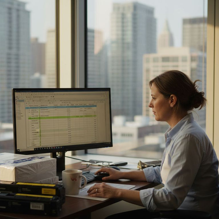 Office manager reviewing printer supplies spreadsheet