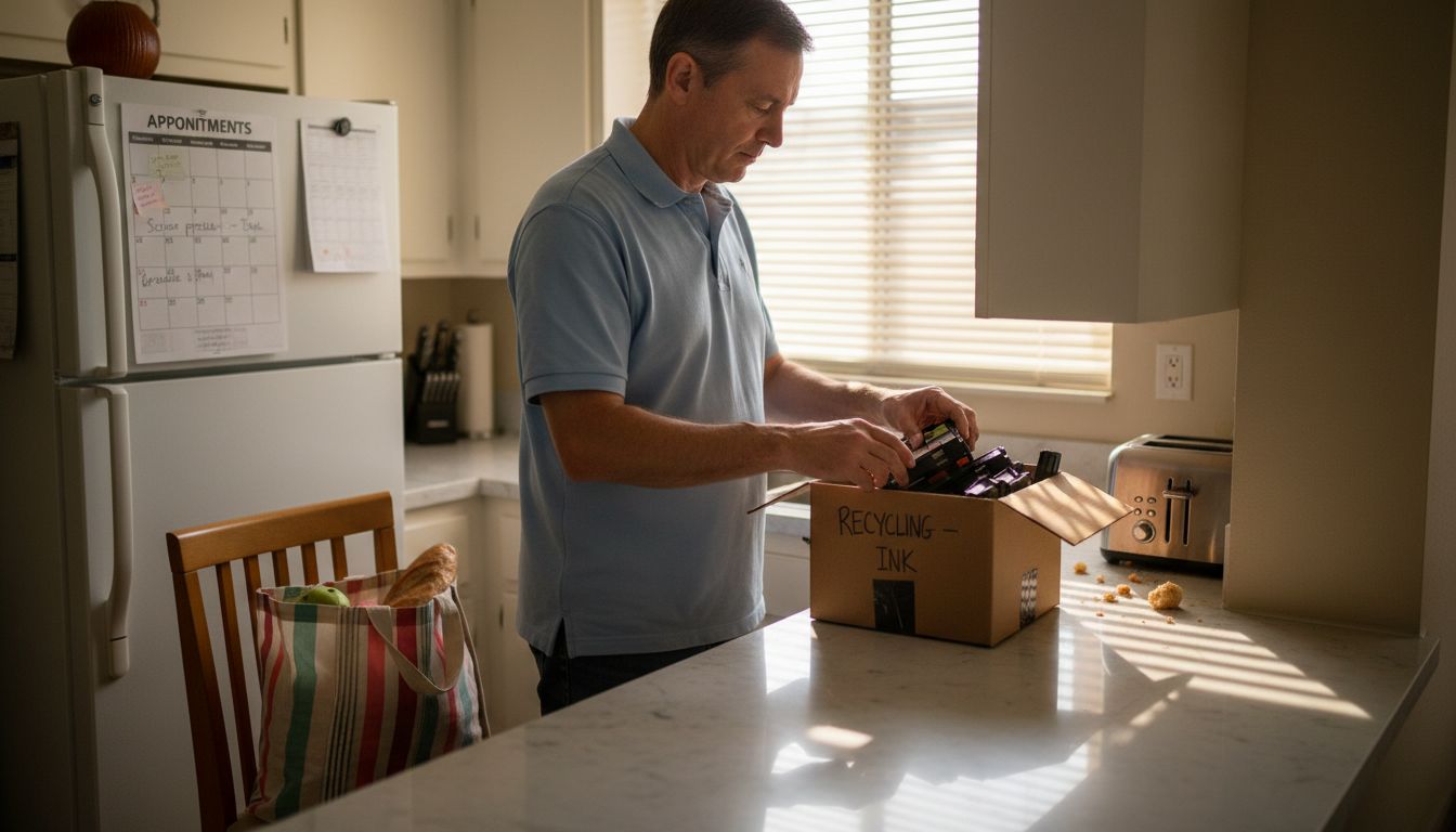 Man recycling printer cartridges at home counter