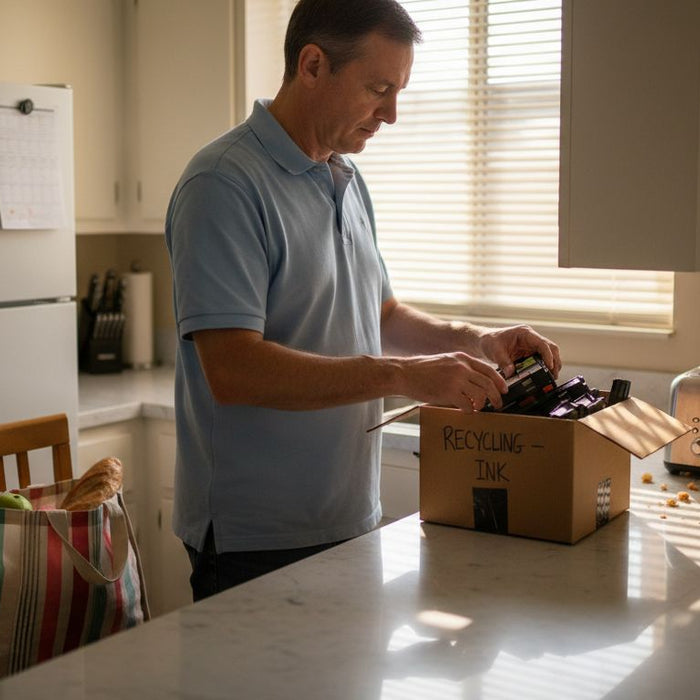 Man recycling printer cartridges at home counter