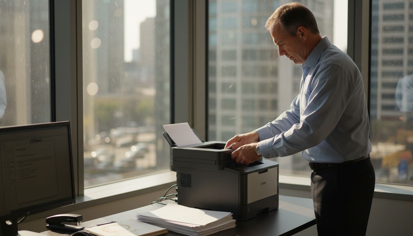 Man loading paper into office laser printer