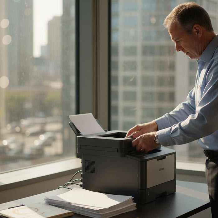 Man loading paper into office laser printer