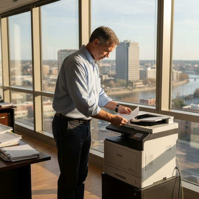 Office manager using printer in corner office
