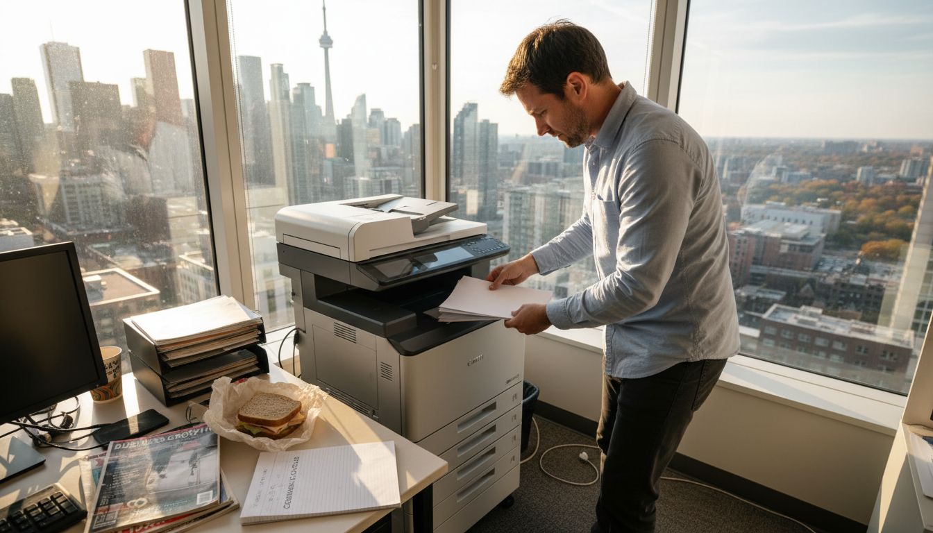 Office manager loading paper into laser printer