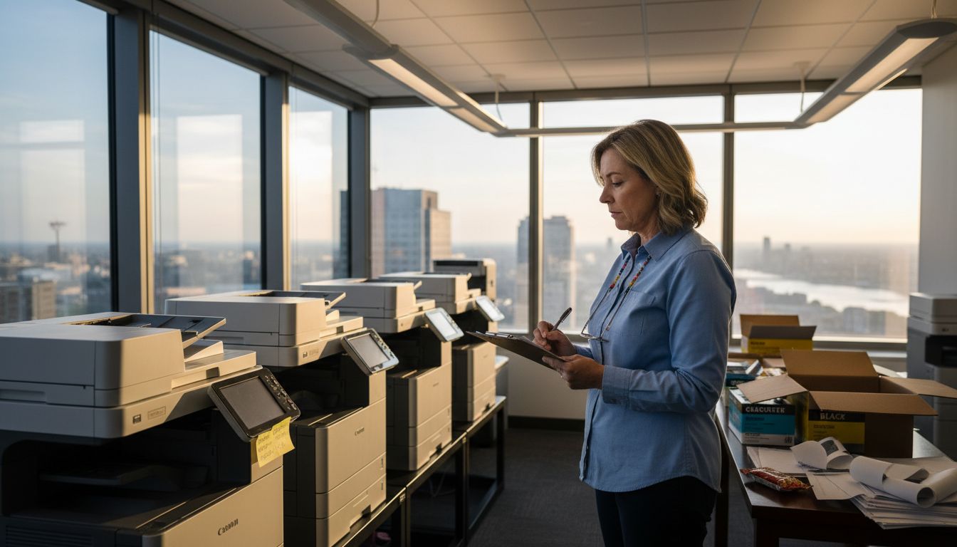 Manager checks corporate printer supplies