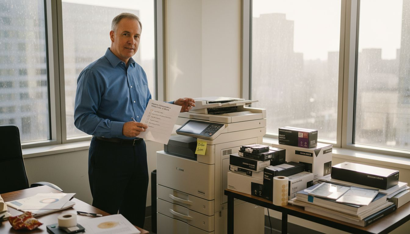 Office manager checking printer consumables list