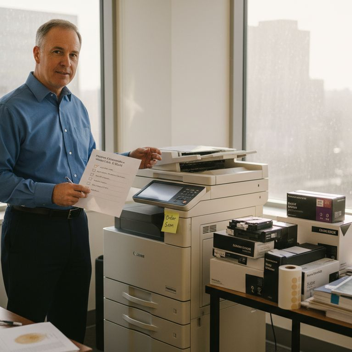 Office manager checking printer consumables list