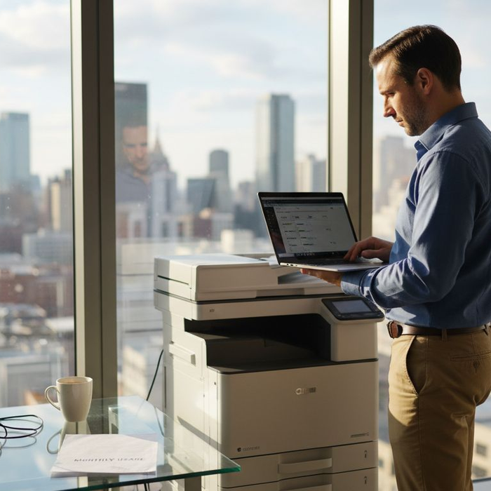 IT manager reviewing printer toner dashboard