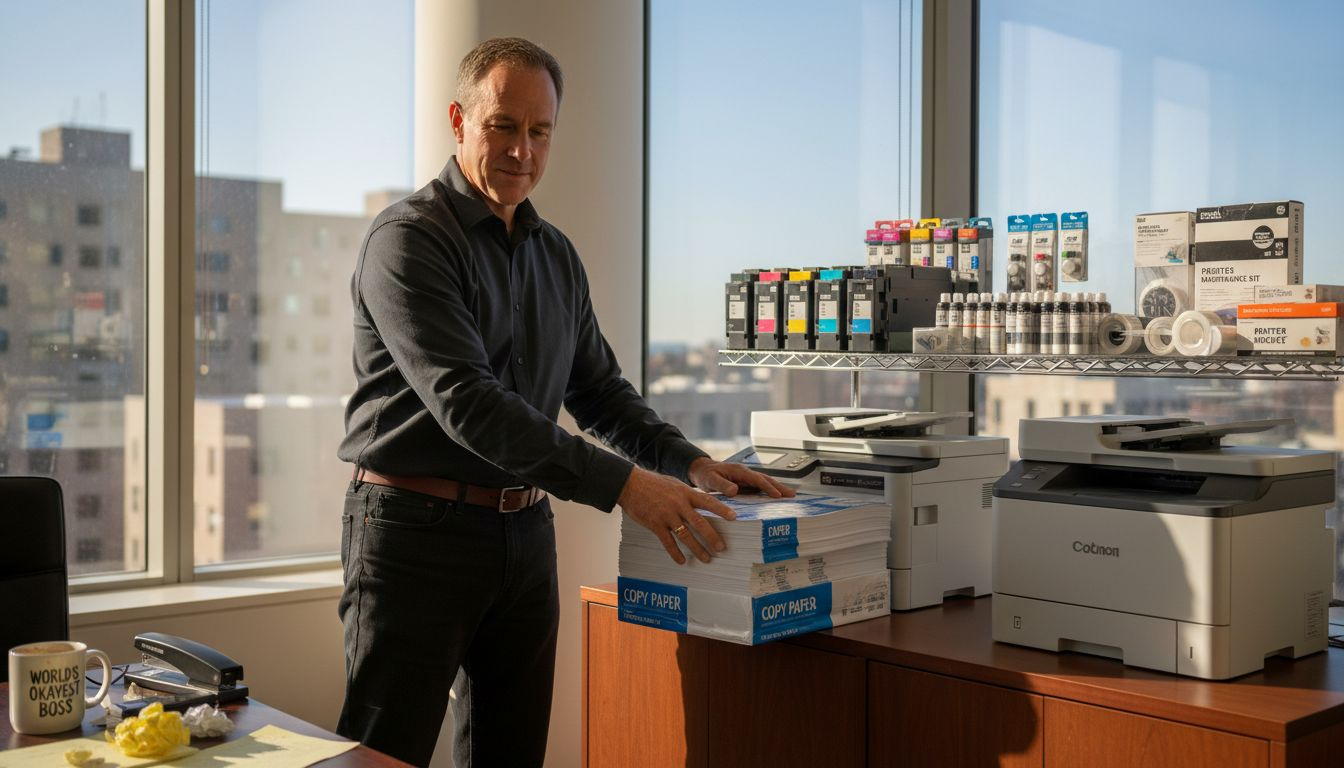 Office manager organizing printing supplies by printer