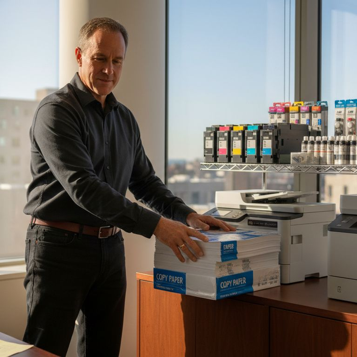 Office manager organizing printing supplies by printer