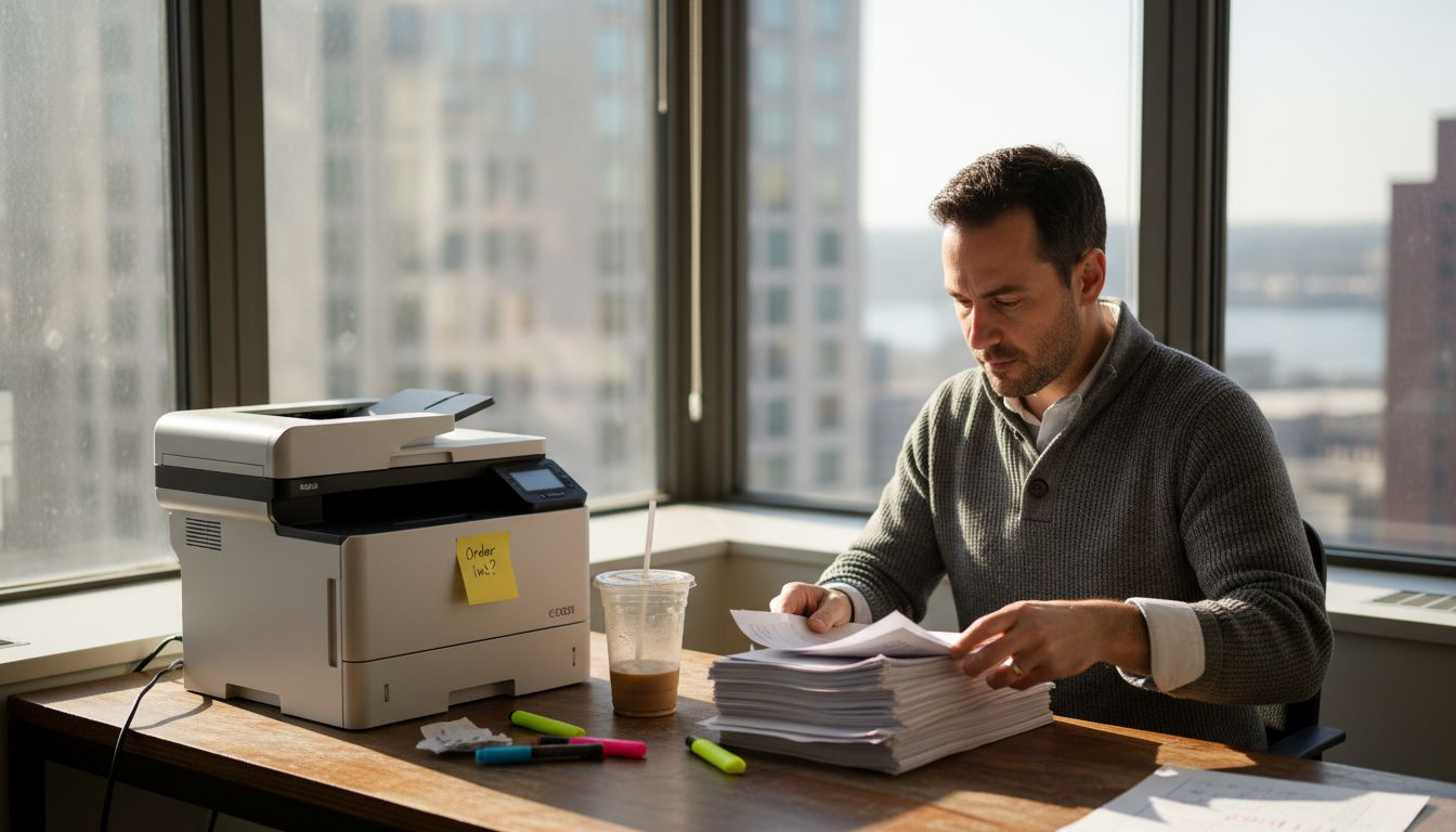 Man reviewing printed reports beside office printer