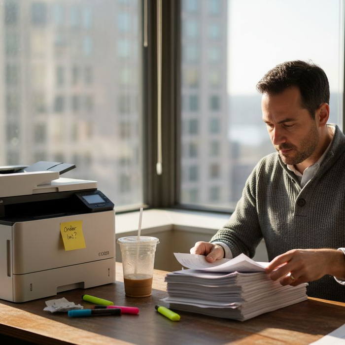 Man reviewing printed reports beside office printer