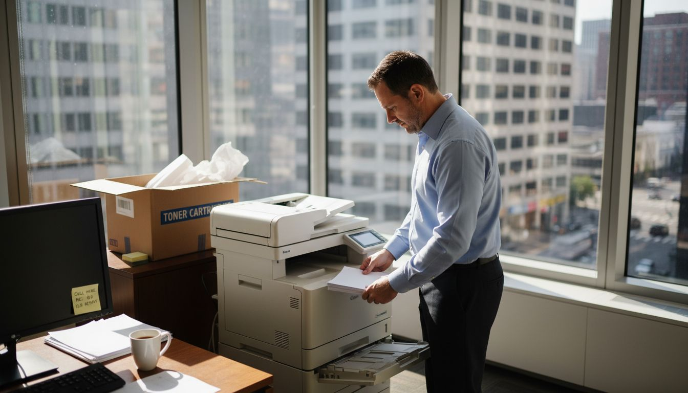 Man refilling printer with toner and paper in office