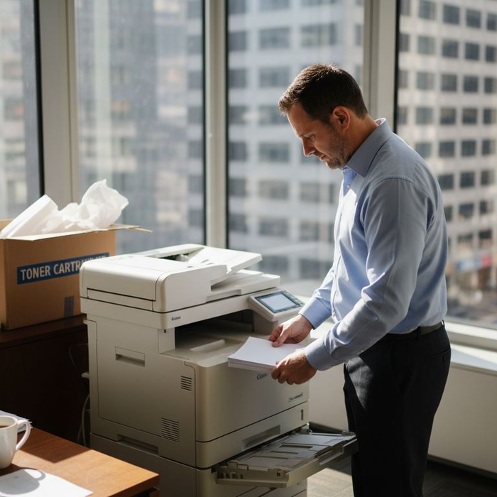 Man refilling printer with toner and paper in office