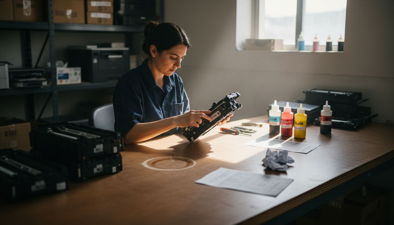 Technician examines remanufactured toner cartridge