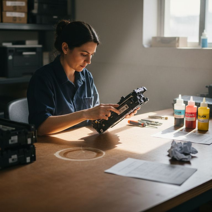 Technician examines remanufactured toner cartridge