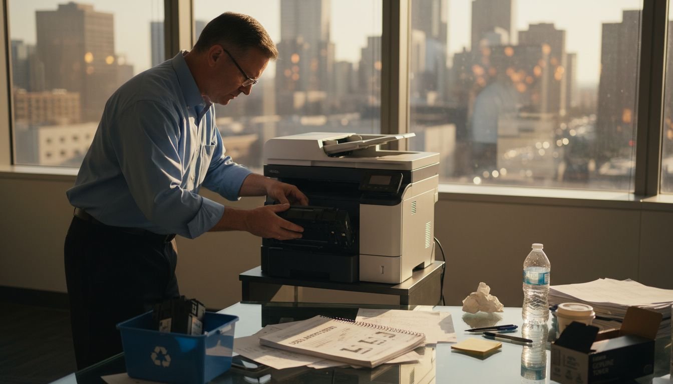 Office worker replacing printer cartridge at desk