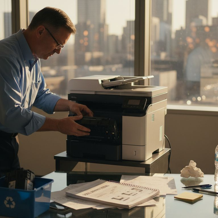Office worker replacing printer cartridge at desk