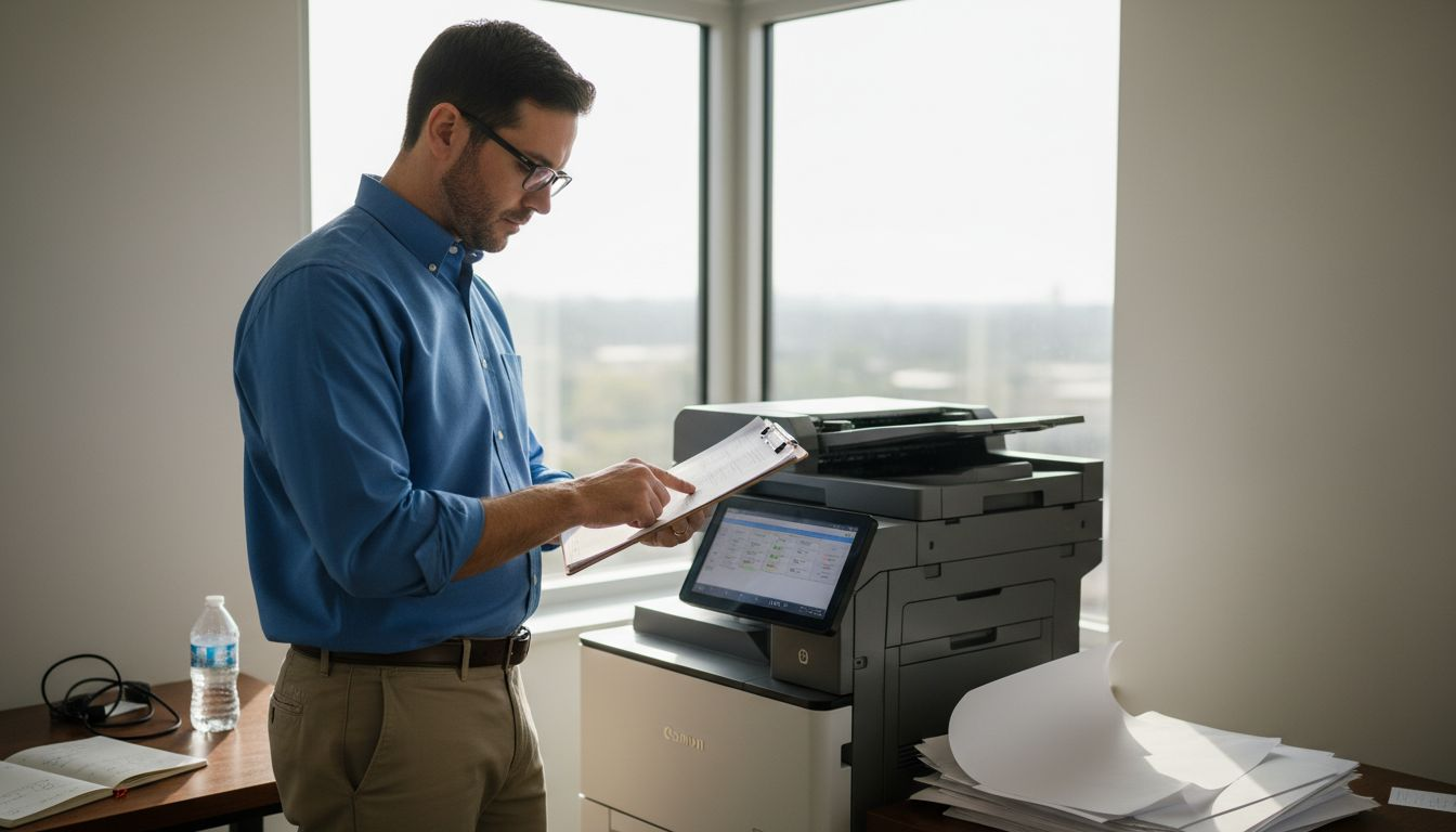IT manager checking calibration report near printer