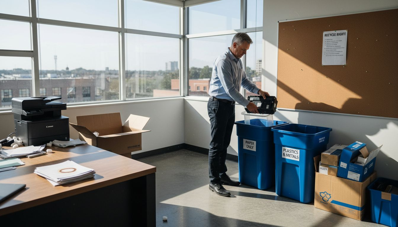 Office manager sorts printer cartridges for recycling