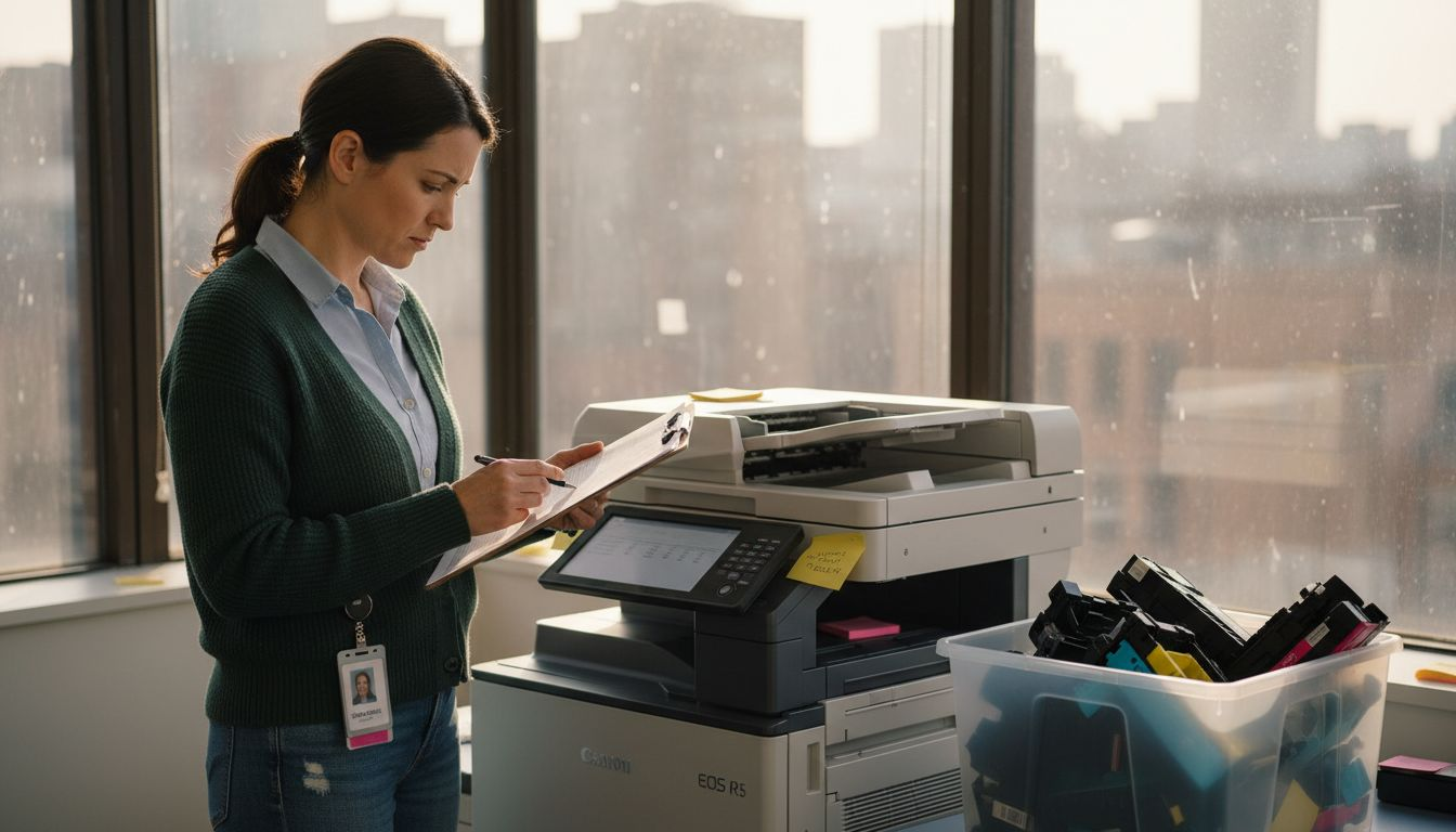 Office manager reviewing toner recycling steps