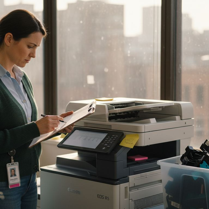 Office manager reviewing toner recycling steps