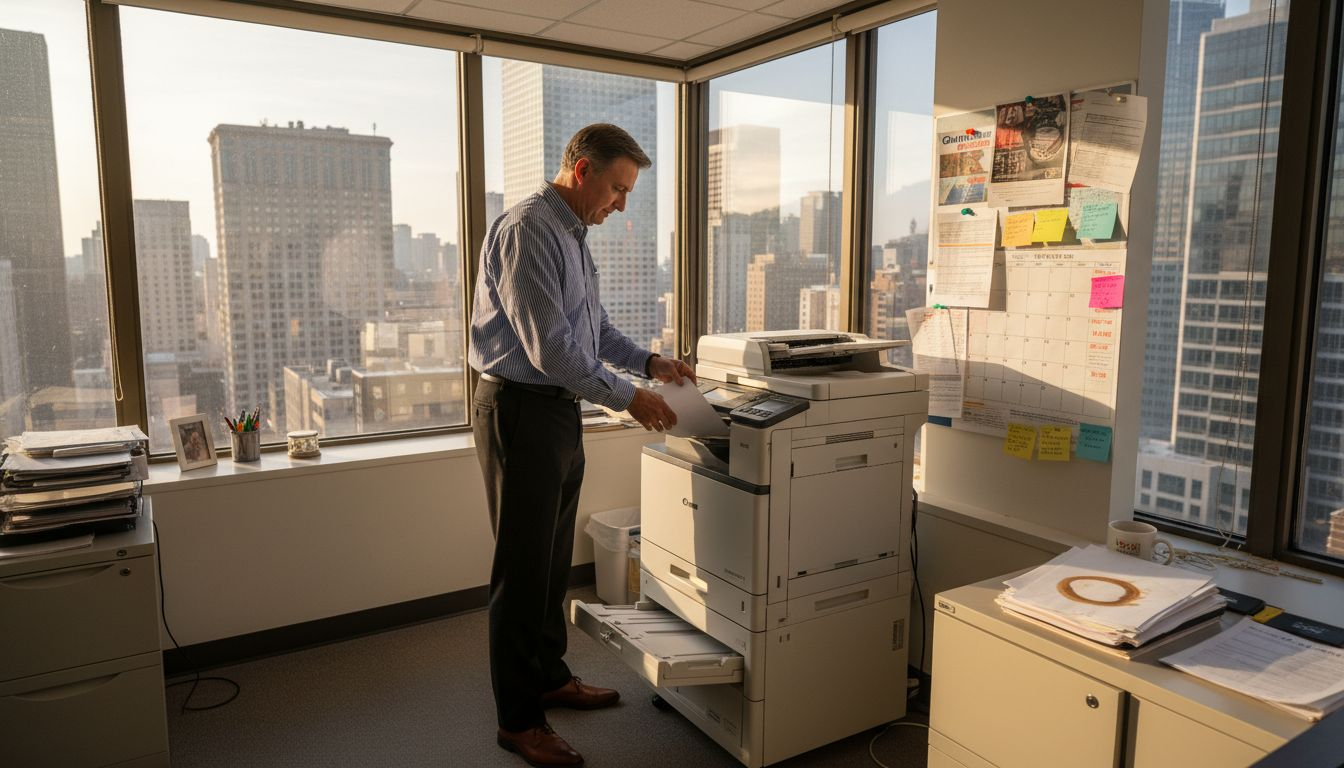 Office manager loading printer near window