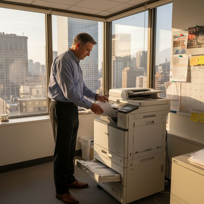 Office manager loading printer near window