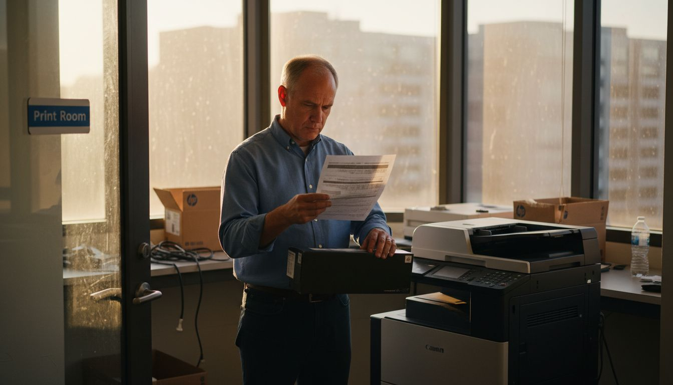 Office manager in print room with printer