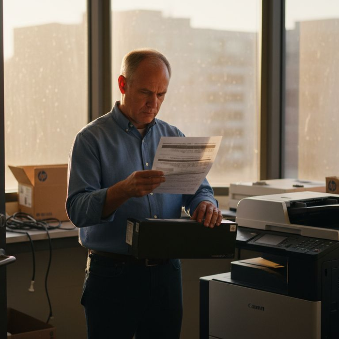 Office manager in print room with printer