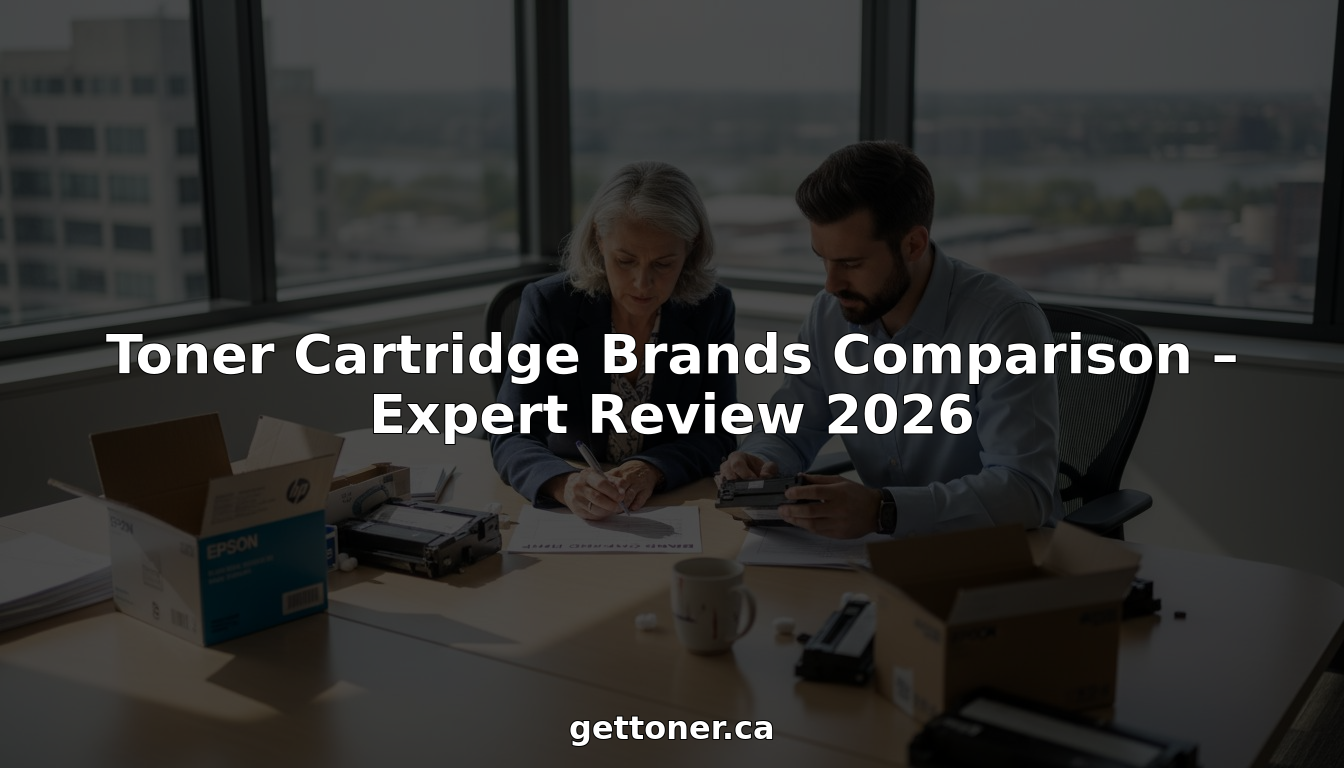 Staff comparing toner cartridge brands in office