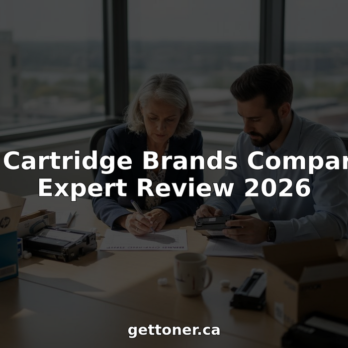 Staff comparing toner cartridge brands in office