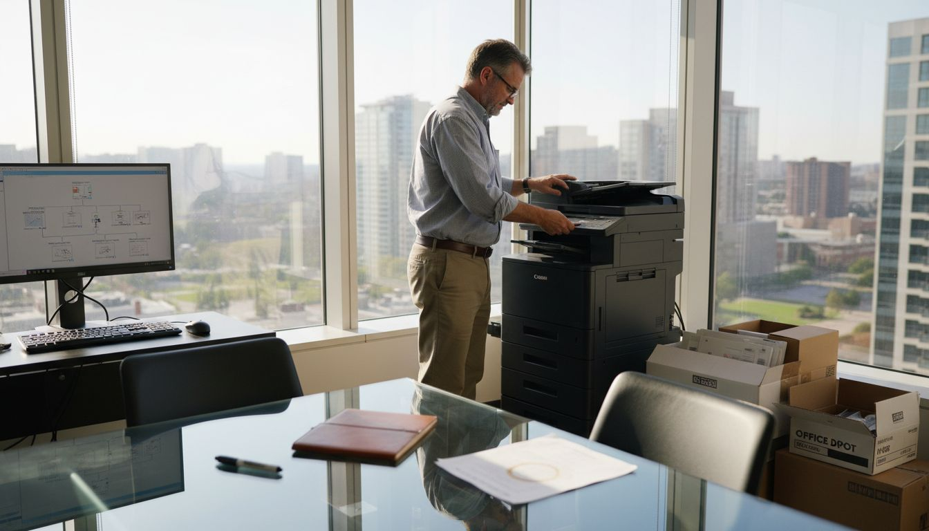 IT manager installing OEM toner in office printer