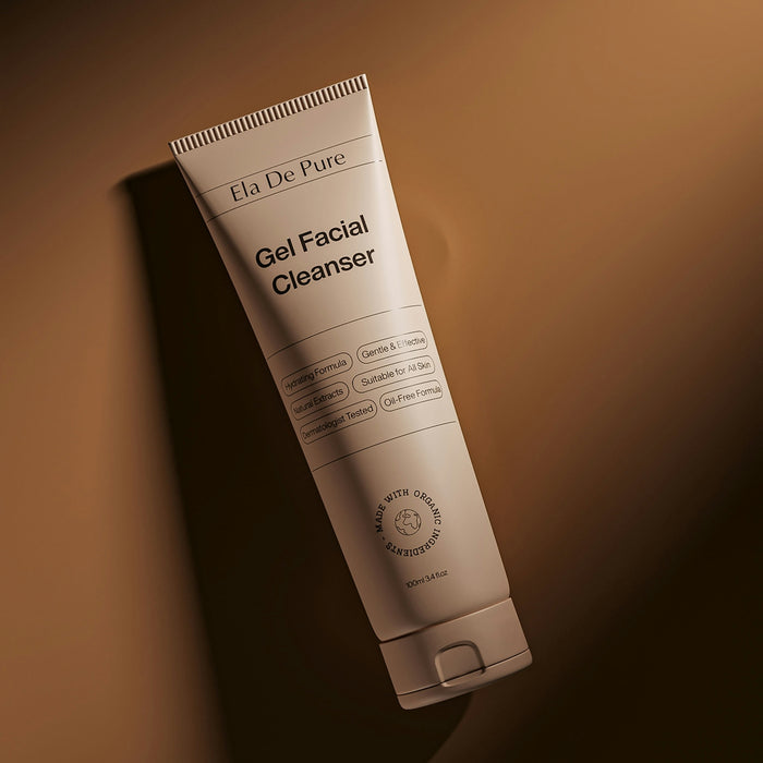 A tube of facial cleanser against a brown background.