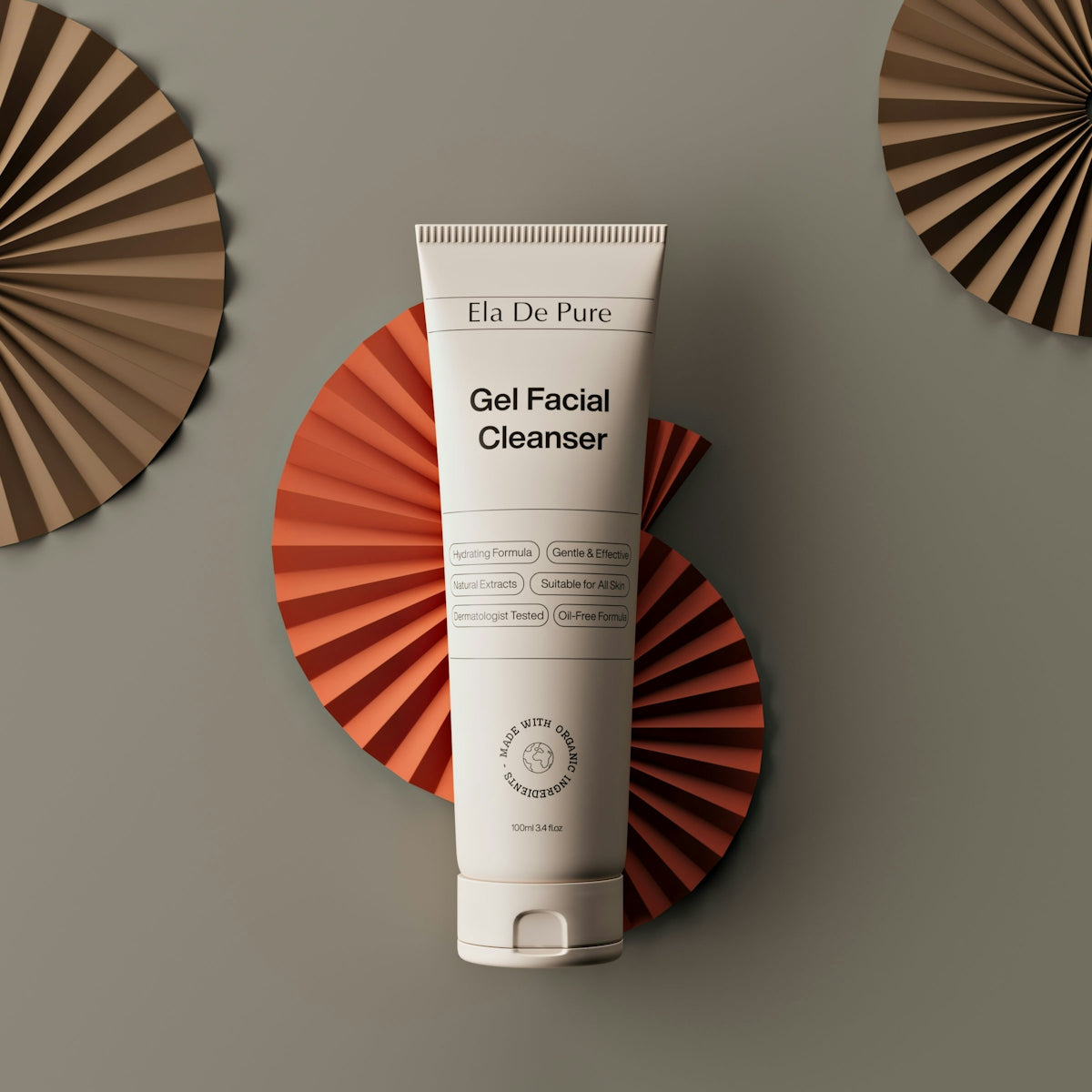 Facial cleanser is presented with decorative paper fans.