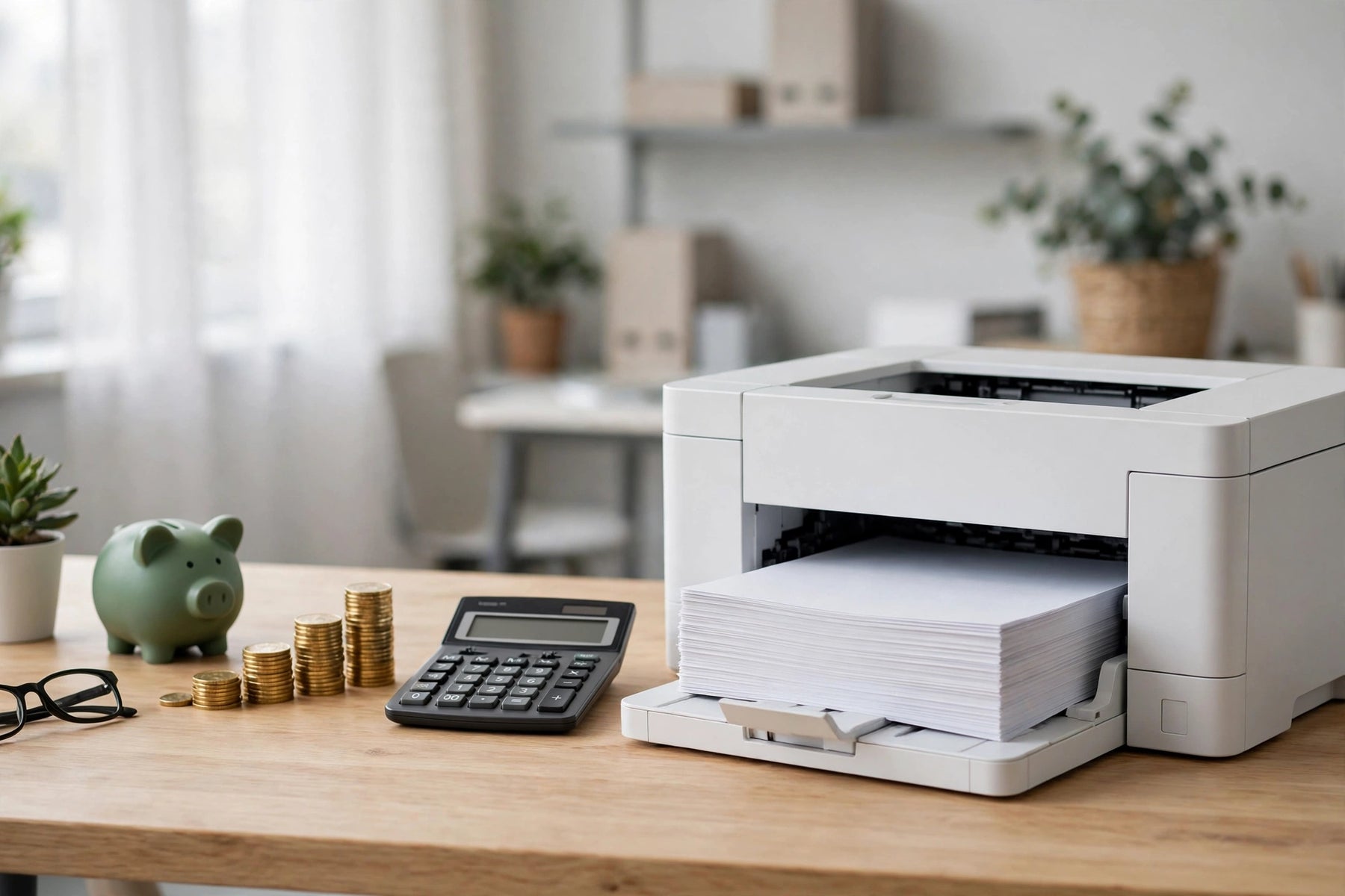Printer with calculator and coins illustrating cost per page
