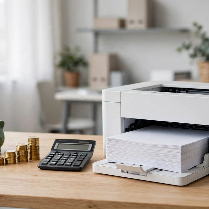 Printer with calculator and coins illustrating cost per page