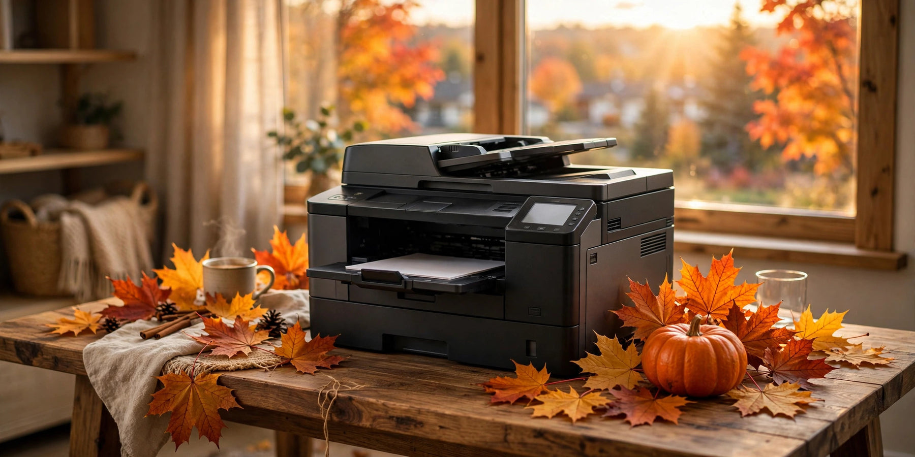 A printer on a wooden desk surrounded by fall maple leaves and a pumpkin