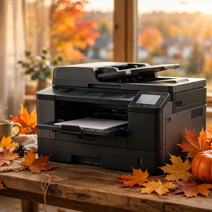 A printer on a wooden desk surrounded by fall maple leaves and a pumpkin
