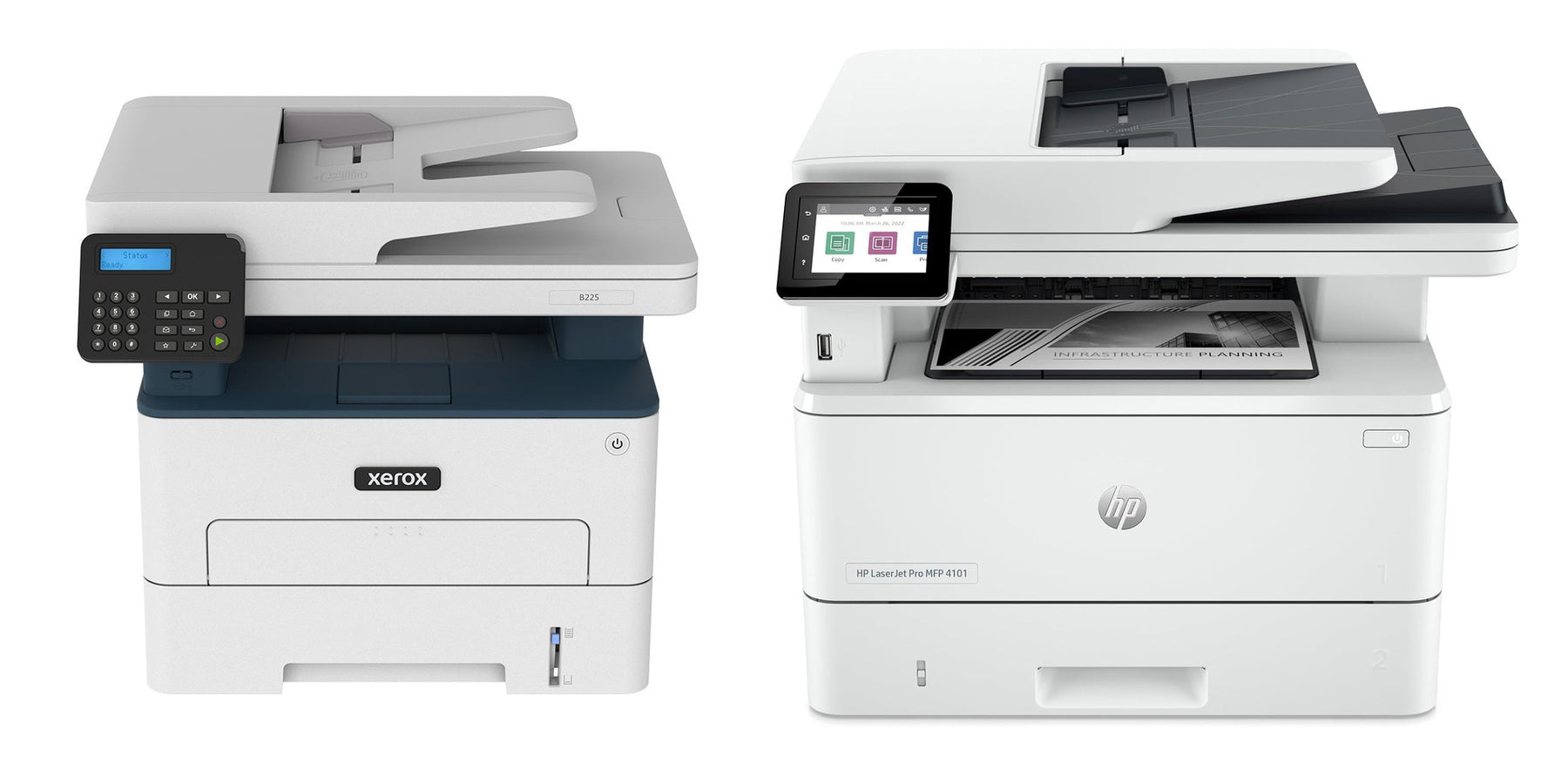 Xerox VersaLink B225 and HP LaserJet Pro MFP 4101fdw side by side
