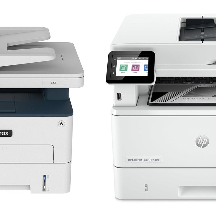 Xerox VersaLink B225 and HP LaserJet Pro MFP 4101fdw side by side
