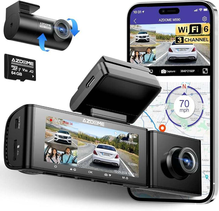 AZDOME M590 3-Channel Dash Cam WiFi GPS 4K Front + 1080P Rear + 1080P Interior