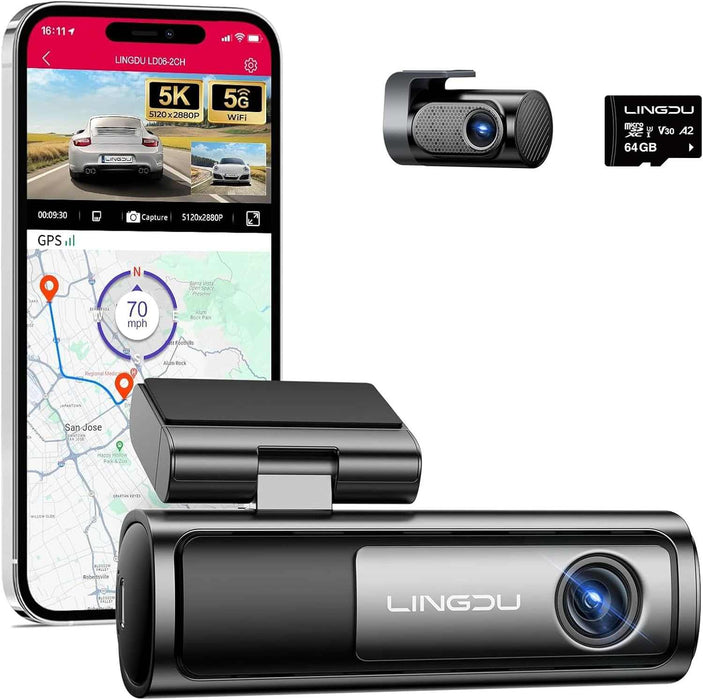 Lingdu LD06 5K Front and Rear Dash Cam - Dual Lens WiFi GPS Parking Mode