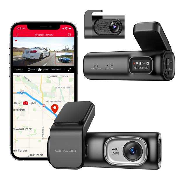 Lingdu D600 4K Front and Rear Dash Cam - 5.8GHz WiFi GPS 64GB SD Card
