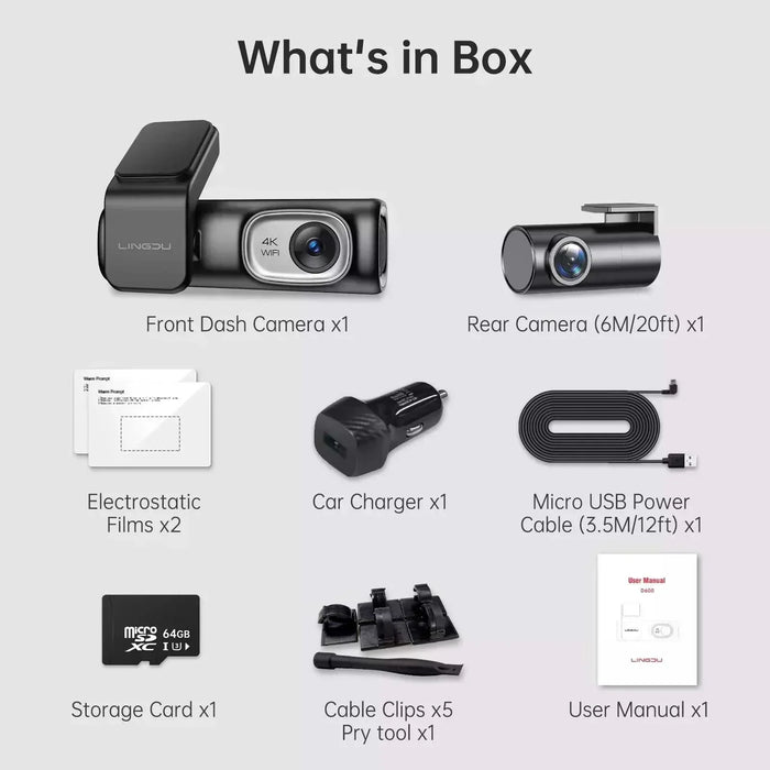Lingdu D600 4K Front and Rear Dash Cam - 5.8GHz WiFi GPS 64GB SD Card