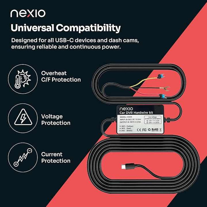 Nexio HW05 Type-C Hardwire Kit for Dash Cams - 12V/24V Continuous & Parking Mode Power