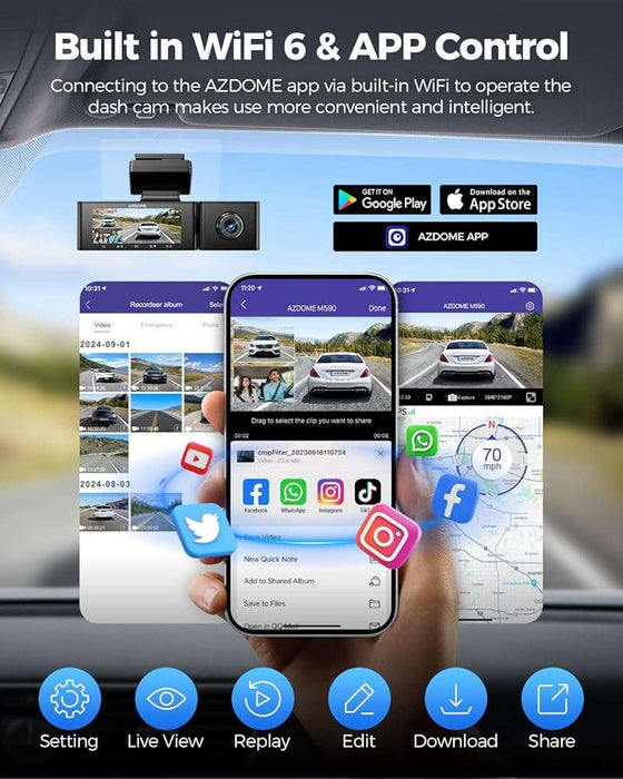 AZDOME M590 3-Channel Dash Cam WiFi GPS 4K Front + 1080P Rear + 1080P Interior