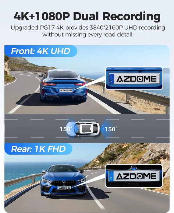AZDOME PG17 Max 12" Mirror Dash Cam GPS WiFi6 4K+2.5k Front & Rear 64GBCARD FREE